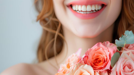 Beautiful tender woman with joyful sweet smile holding a bouquet of soft pink and peach flowers. concept of happiness, beauty, floral arrangement, delicate femininity.のeditorial素材