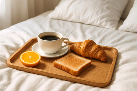 Breakfast in bed with coffee, croissant, toast, and orange slice on wooden tray - cozy morning...