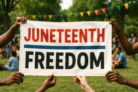 Juneteenth unity celebration with diverse community hands holding freedom banner in outdoor festive setting. concept of cultural heritage, unity, liberation, community empowerment.の写真素材