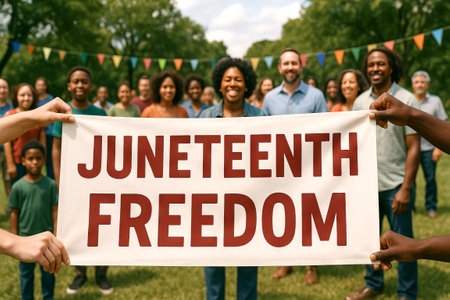 Juneteenth unity celebration with diverse group of people holding freedom banner in park. concept of community, cultural celebration, equality, diverse gathering, festive spirit.の写真素材