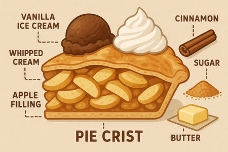Apple pie ingredients illustrated with vanilla ice cream and whipped cream. concept of baking, dessert preparation, sweet treats, recipe visualization, homemade pastry.の写真素材