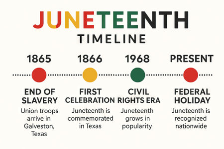 Juneteenth historical timeline with key milestones celebrating freedom and progress from 1865 to present. concept of african american history, civil rights era, national holiday recognition.の写真素材