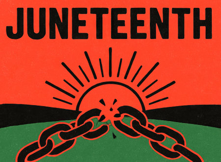 Juneteenth celebration with broken chains and rising sun illustration. concept of freedom, liberation, african american heritage, historic emancipation, unity.の写真素材