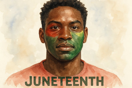 Watercolor of african american man with colorful face paint for juneteenth celebration. concept of...
