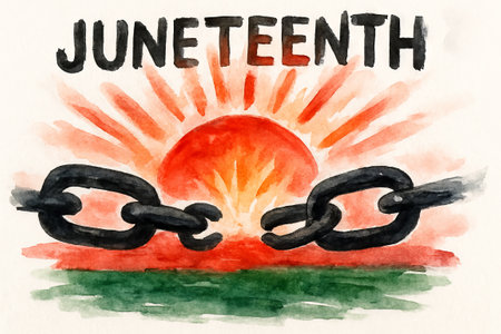 Watercolor juneteenth liberation symbol with breaking chains and rising sun. concept of freedom,...