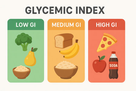 Illustration of glycemic index featuring low, medium, and high GI foods, visually categorized for easy understanding of dietary choicesの写真素材