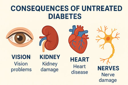 Infographic illustrating consequences of untreated diabetes with eye, kidney, heart, and nerve...