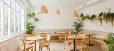 A Serene Indoor Summer Cafe Space Featuring Minimalist wooden Design with Natural Lighting and Greenery Accentuating the Tranquil Environment for Relaxation. Wide banner.の写真素材