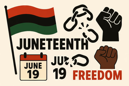 Juneteenth freedom celebration with african american flag, broken chains, and fists symbolizing liberation and empowerment.の写真素材