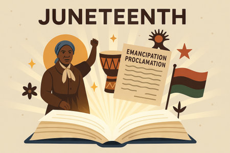 Illustration of african american heritage celebrating juneteenth with book, emancipation proclamation, and cultural symbols.の写真素材