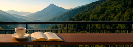Cup of tea and open book on balcony overlooking mountain view. concept of relaxation, tranquility,...