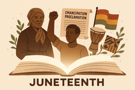 Illustration of african american boy and woman celebrating juneteenth with emancipation proclamation and african drum. concept of freedom, cultural celebration, heritage.の写真素材