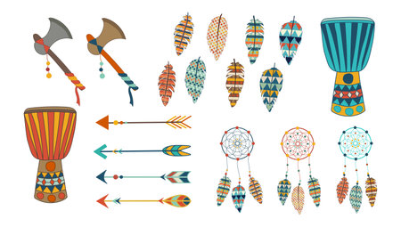 Set of bohemian tribal elements, axes tomahawks, feathers, drums, arrows, dreamcatchers isolated on white background. Ethnic decor, cultural heritage art from Native American African Indian traditions.のイラスト素材