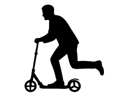 Black Silhouette of man riding kick scooter in motion, isolated on white background, illustration. concept of transportation, outdoor activity, sport, leisure, urban commute.のイラスト素材
