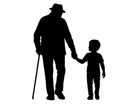 Black silhouette of an elderly man with a cane walking with child boy holding hands, isolated on white background, illustration. concept of family, generations, bond, care, grandfather and grandson.のイラスト素材