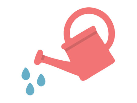 Red watering can with water droplets, isolated on white background, graphic illustration. concept of gardening, plant care, watering tool, horticulture, design element.のイラスト素材