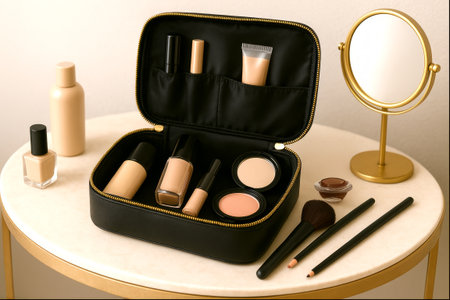 Elegant makeup vanity setup with foundation, blush, and brushes in luxurious black cosmetic bag on marble table. concept of beauty essentials, modern glamour, personal care.の写真素材