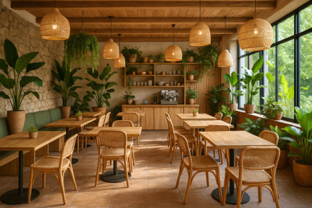 Cozy eco style cafe interior with natural wood furniture, potted green plants and wicker pendant...
