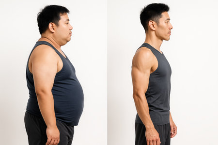 Asian man before and after weight loss transformation in a fitness journey. concept of healthy lifestyle, fitness progress, body change, health improvement, personal growth, self-discipline.の写真素材