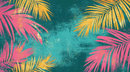 Colorful tropical palm leaves on teal background. concept of vibrant decor, exotic foliage, summer vibes, abstract botanical art. Abstract background.の写真素材