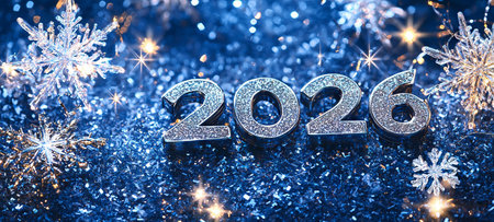 Festive new year 2026 concept with sparkling silver numbers on glittery blue background, symbolizing...