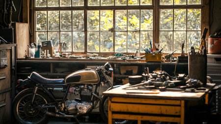 Vintage vibe in engineering workshop with motorcycle and tools. concept of mechanical craftsmanship, vintage motorcycle design, engineering precision, creative workspace, repair shop, garage, service.の写真素材