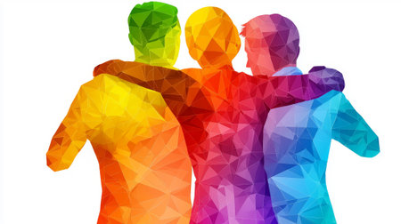 Colorful silhouette illustration of diverse people embracing in unity. concept of friendship, togetherness, diversity celebration, human connection.の写真素材