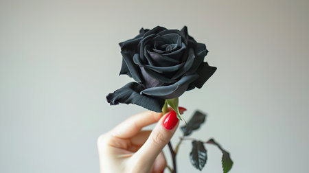 Black Rose Held by Woman's Hand with Red Nails Symbolizing Elegance, Mystery, and Femininity, elegance, mystery, gothic style, dark romance, symbolic beauty, love, loss.の写真素材