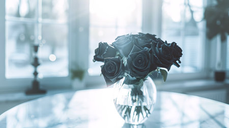 Elegant Black Roses in a Clear Glass Vase on a Sunlit Table, Concept of Romantic Elegance, Gothic Floral Arrangement, and Sophisticated Home Decor. Copy space.の写真素材