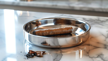 Stainless Steel Ashtray with Partially Smoked Cigar on Marble Surface Concept of Luxury, Relaxation, and Sophistication.の写真素材
