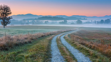 Tranquil Countryside Landscape at Sunrise with Misty Mountains and Winding Road. Concept of Nature Serenity, Morning Calm, Peaceful Scenery, Rural Escape.の写真素材