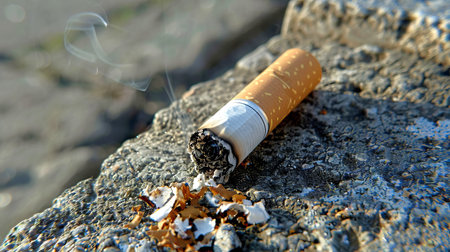 Close-Up of a Burnt Cigarette on Rough Stone Surface. Concept of Smoking, Pollution, Health Risks,...