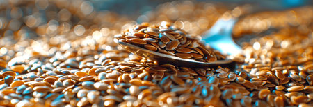 Close-Up of a Spoonful of Flax Seeds on Rustic Background. Concept of Healthy Eating, Nutrition, Organic Foods, and Natural Ingredients. Banner.の写真素材