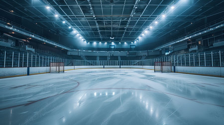 Empty Hockey Arena with Smooth Ice Surface Illuminated by Overhead Lights. Concept of Sports Venues, Ice Hockey, Indoor Sporting Events, Athletic Spaces.の写真素材