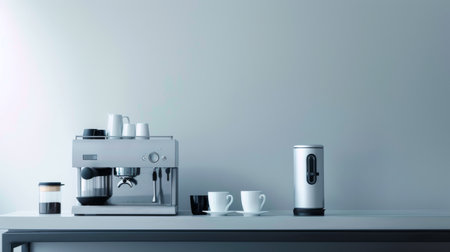 Sleek coffee machine in a contemporary office environment against white wall. Concept of modern workspace, minimalist design, coffee brewing, and professional office appliances. Copy space.の写真素材