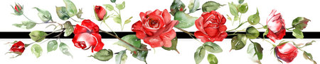 Watercolor of Horizontal Garland with Vibrant Red Roses and Green Leaves on white background. Concept of Floral Beauty, Botanical Elegance, romantic decor, floral border design. Banner.の写真素材