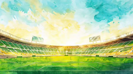 Vibrant Watercolor Illustration of an Empty Sports Stadium Under a Sunny Sky. Concept of Athletic Events, Outdoor Recreation, and Dynamic Perspectives in Art. Soccer Field.の写真素材