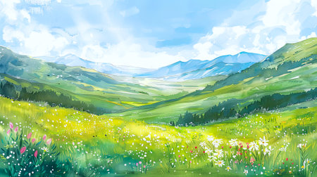 Watercolor Art of a Lush Mountain Valley in Spring Day. Concept of Nature's Beauty, Tranquility, Green Landscapes, and Scenic Relaxation.の写真素材