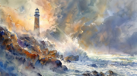 Watercolor Art of Rocky Coastline with Crashing Waves and Lighthouse. Concept of Maritime Beauty, Seaside Tranquility, Coastal Landscapes, Oceanic Wonders.の写真素材