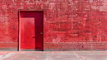 Vibrant Red Brick Wall with a Bright Red Door on a Sunny Day. Concept of Urban Architecture, Color Contrast, City Streets, Simplicity, Exit, Entrance. Copy space.の写真素材