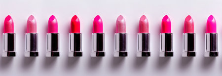 Collection of Pink Lipsticks in Various Shades Arranged in a Row. Concept of Beauty Products, Fashion Trends, Color Variety, and Makeup Essentials. Isolated on white background. Copy space. Banner.の写真素材