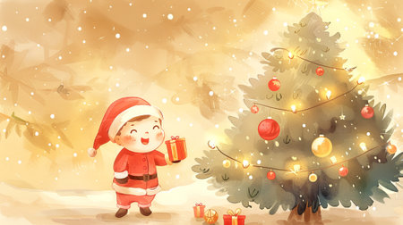 Watercolor Illustration of a Happy Child in Santa Costume Holding a Gift Next to a Decorated Christmas Tree. Concept of Holiday Joy, Festive Traditions, Childhood Wonder, and Magical Winter.の写真素材