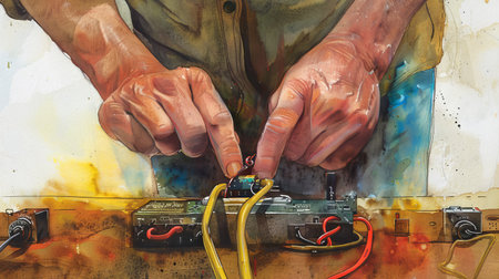 Watercolor Illustration of Hands Working on Electronics, Concept of Precision, Technical Skills, and Engineering Art.の写真素材