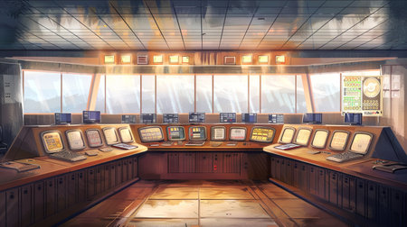 Watercolor Illustration of Control Room in Electric Station Concept of Technology, Industrial Design, Energy Systems.の写真素材