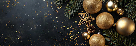 Festive Gold and Black Christmas Ornaments with Pine Branches on Glittering Background for Holiday Celebration. Concept of luxury holiday celebration, winter decoration. Flat Lay. Copy space. Banner.の写真素材