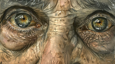 Watercolor close-up of Elderly Woman's eyes with green irises. Concept of detailed eye illustration, realism, expression, aged skin texture.の写真素材