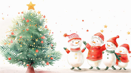 Watercolor Illustration of Playful Snowmen Celebrating Around a Christmas Tree Concept of Holiday Cheer, Winter Festivity, and Family Togetherness. Copy space.の写真素材