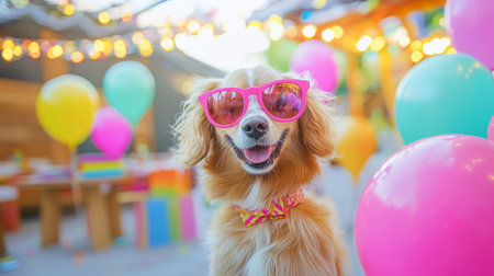 Cheerful dog wearing pink sunglasses surrounded by colorful balloons at a festive outdoor party celebration. Concept of joy, fun, and pet companionship, funny animal.の写真素材