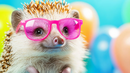 Cute hedgehog wearing pink sunglasses among colorful balloons. Concept of celebration, joy, small animals, fun moments in vibrant atmosphere, funny animal.の写真素材