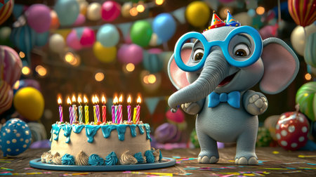 Colorful cartoon elephant celebrating birthday with a cake and candles in a festive party setting filled with balloons and decorations. Concept of joy, childhood, celebration, funny animal.の写真素材